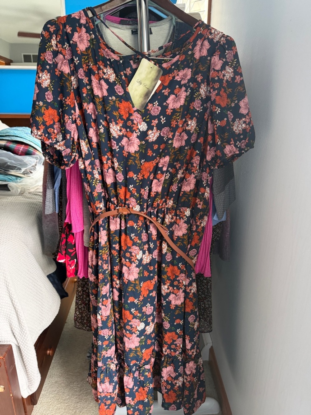 Lily Rose Black Midi Dress with Pink & Orange Floral Print and Brown Belt